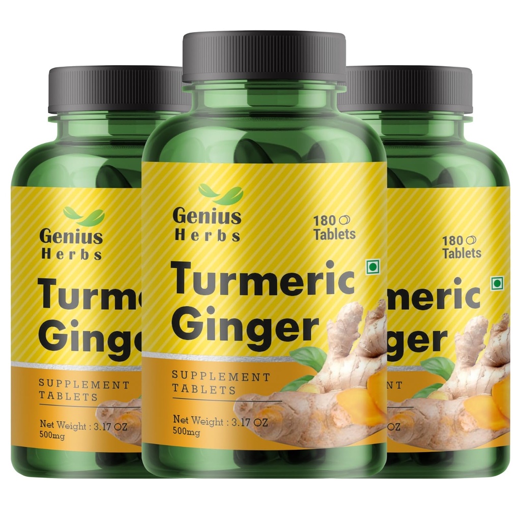 Turmeric Ginger Tablets 1000mg Per Serving – 180 Tablets x Pack of 3 | Ayurvedic Herbal Supplement for Digestion, Antioxidant & Immune Support | Natural Curcumin & Ginger Formula | Vegan, Non-GMO