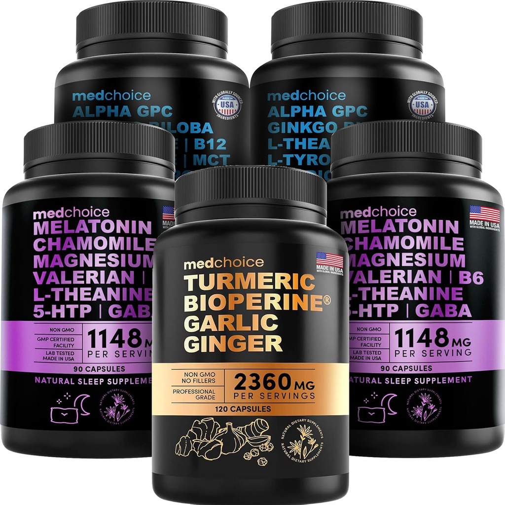 MEDCHOICE Turmeric & Ginger (120ct), Melatonina Dormire (180ct), e Cervello Nootropic (120ct) Supplemento Bundle - Trio Benessere per Cervello, Sonno, & Supporto Immune - Vegan, Non OGM, Senza glutine