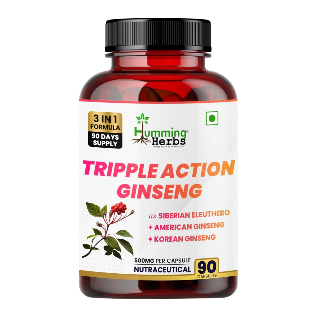 Humming Herbs Triple Action Ginseng with Red Korean, Siberian and American Ginseng Root Extract | Boost Energy and Immune Support - 90 Capsules
