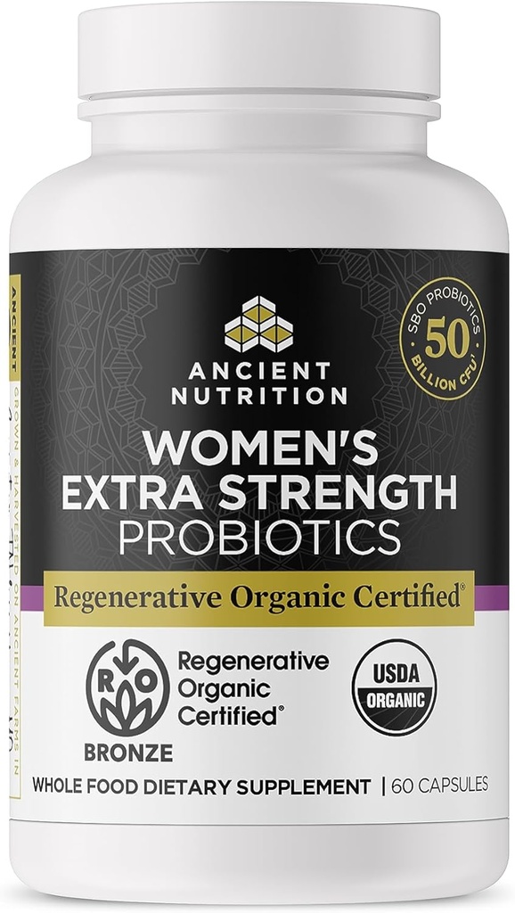 Ancient Nutrition Regenerative Organic Certified Probiotics for Women, Probiotics Women 's Extra Strength, Healthly Digestion and Immune System Function Support, 25 Million CFU * Per Serving, 60 Count