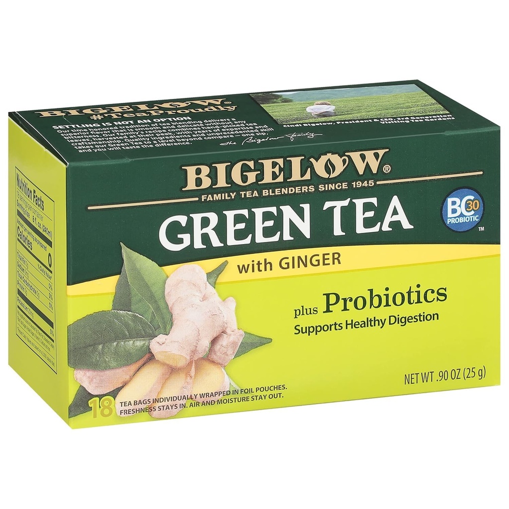 Bigelow Green Tea with Ginger plus Probiotics, Supports Healthy Digestion, 18 Tea Bags, 25g (Product Of USA) DECADENT FOODS