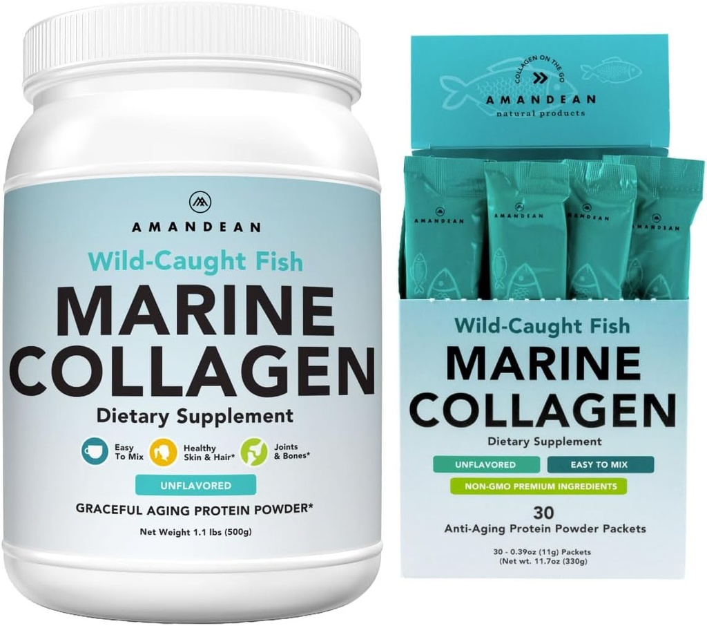 AMANDEAN Marine Collagen Duo. 500g 컨테이너 + 30 여행 팩. Hydrolyzed Fish Collagen Peptides for Skin, 헤어 & 손톱. Pescatarian, Keto & Paleo-Friendly, 불확실한