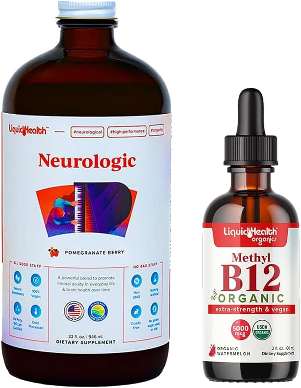 LIQUIDHEALTH Neurologic Nootropic Focus Supplement &amp; Organic Methyl B12 5000mcg Vitamin Drops with Tart Cherry Juice for Immune Support, Improved Memory & Concentration, Natural Energy, Global Health