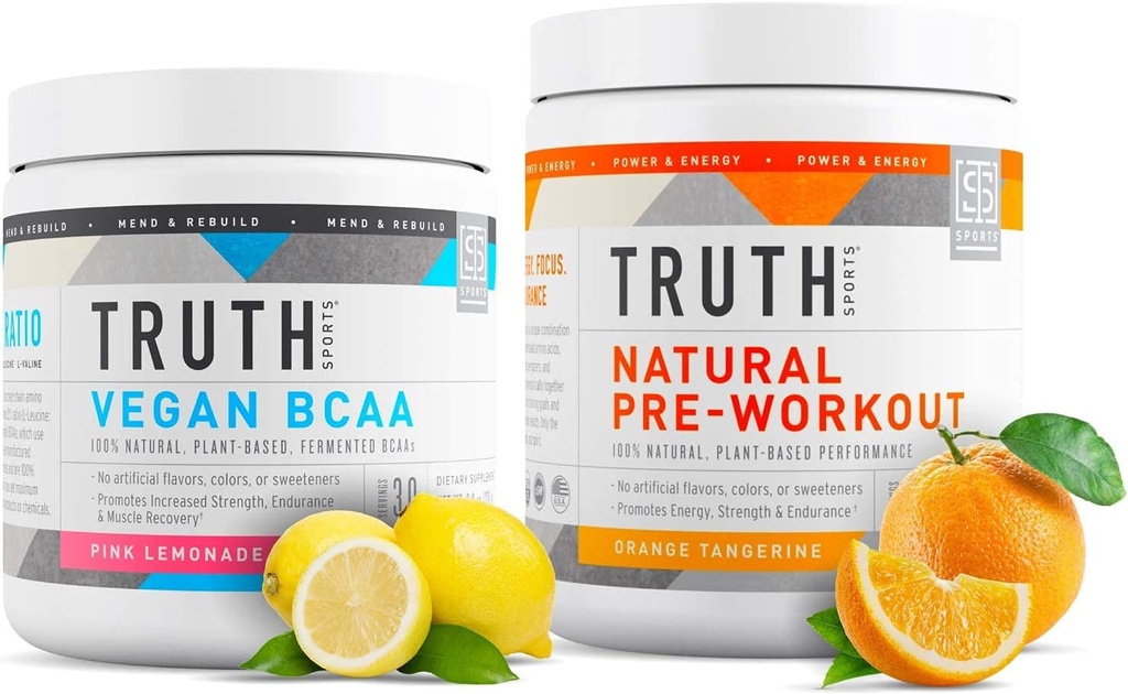 Truth Nutrition Natural Athlete Workout Stack - Vegan BCAA (Pink Lemonade) + Natural Preworkout (Orange Tangerine)