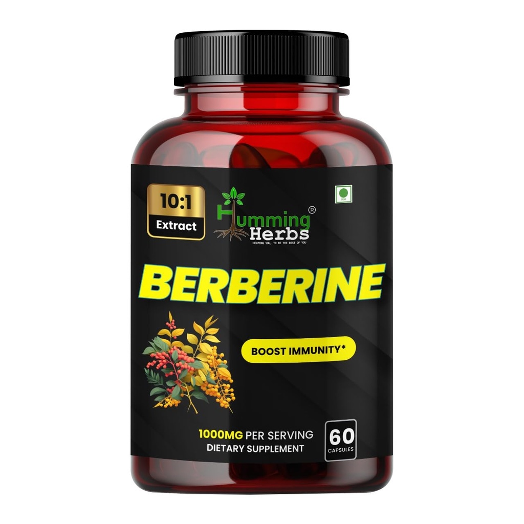 Humming Herbs Berberine Pure Extract 1000mg |Immune Support, Gut Health, Digestive Wellness, Metabolic Balance & Antioxidant Protection | Vegan, Non-GMO, High Bioavailable Form | 60 Capsules