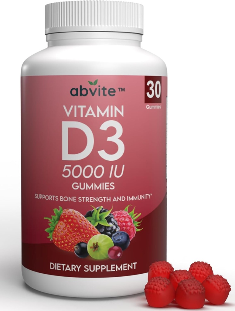 Vitamina D3 5000IU Suplemento Gummies. Sin gluten y sin sabores artificiales. Apoya la salud ósea y la inmunidad. Hecho en EE.UU. 30 Cuenta (30 Day Supply)