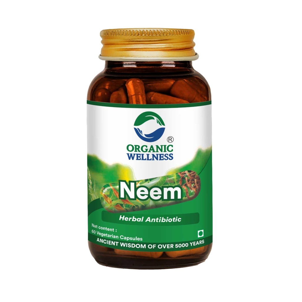 Organic Wellness Neem Ayurvedic Capsules Blood Purifier Anti Acne Anti Bacterial & Fungal infections Improves Skin Health 100% Organic & Safe (60 N Veg Capsules)