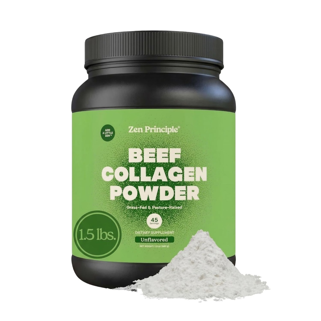 Zen Principle Grass-Fed Agglomerated Hydrolyzed Collagen Peptides 1.5 lb. Anti-Aging Protein for Healthy Hair, Skin & Joints. Paleo Friendly, GMO and Gluten Free, Pasture-Raised Bovine.