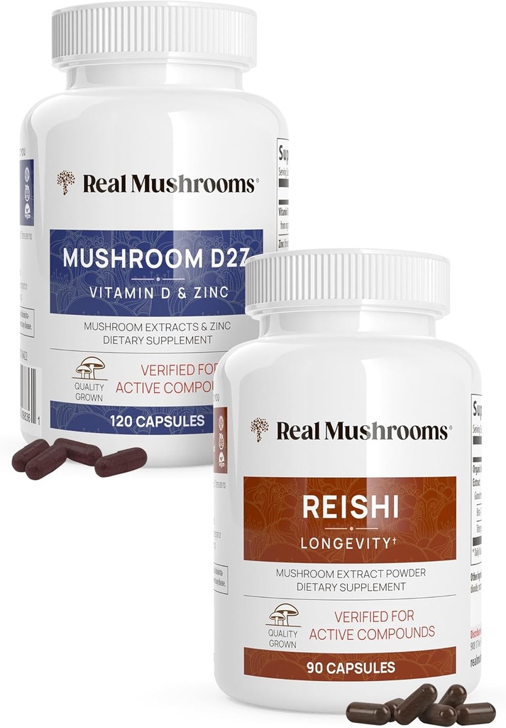 Real Mushrooms Vitamin D2, çinko (120ct) ve Reishi 415 (90ct) Schega ile Doğal Destek - Immunity, Better Sleep, and Relaxation - Vegan, Gluten Free, Non-GMO, Organic Mushroom Extracts