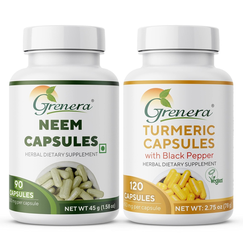 Grenera Neem Capsules 90 no, Turmeric Capsules 120 nos | Made with pure neem leaf powder and turmeric powder, black pepper powder
