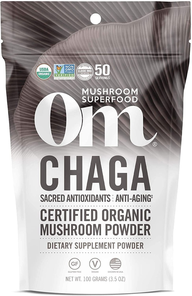 OM MUSHROOM SUPERFOOD Chaga Organic Mushroom Powder, 3.5 Ounce, 50 Servings, US Grown, Sacred Antioxidants & Immune Support, Superfood Mushroom Supplement