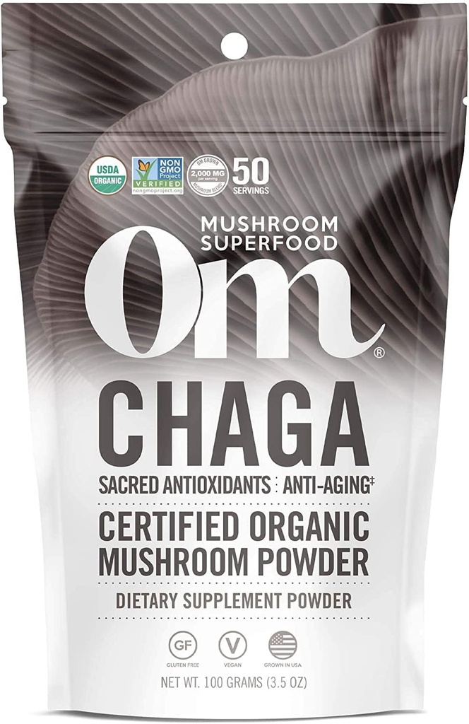 Om Mushroom Superfood Chaga Organic Mushroom Powder, 3.5 Ounce, 50 portioner, US Grown, Sacred Antioxidants & Immune Support, Superfood Mushroom Supplement