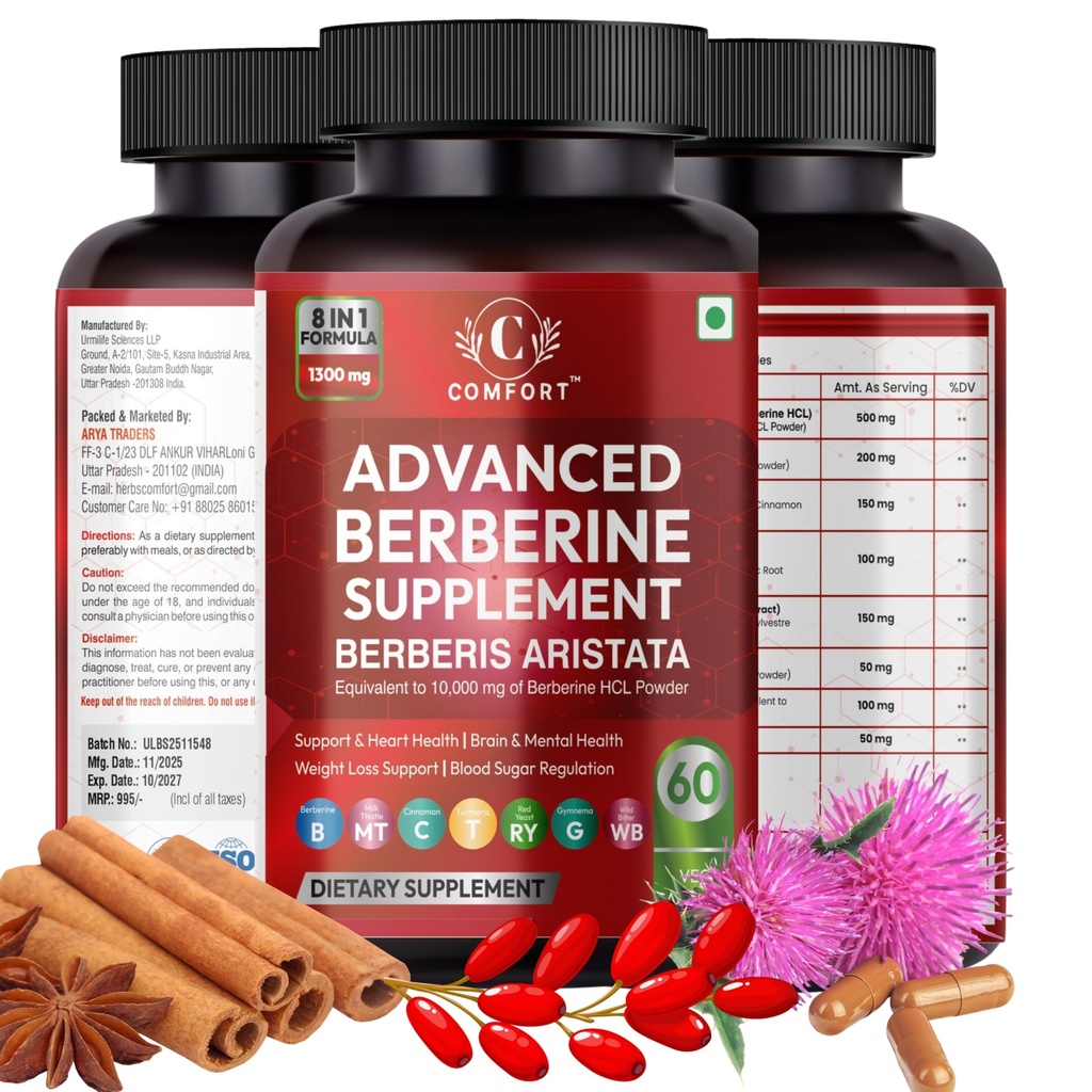 Comfort Advanced Berberine Supplement, Berberis Aristata, 1300mg, 8 in 1 Formula, 60 Veg Capsules, Pack of 2