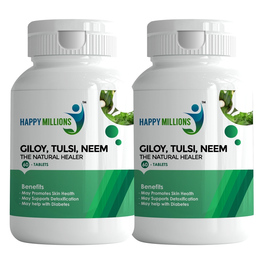 HappyMillions Giloy Tulsi Neem | May Help to Detoxify Skin & Purifying Blood and helps with Fever | Ayurvedic Supplement Pack of 2