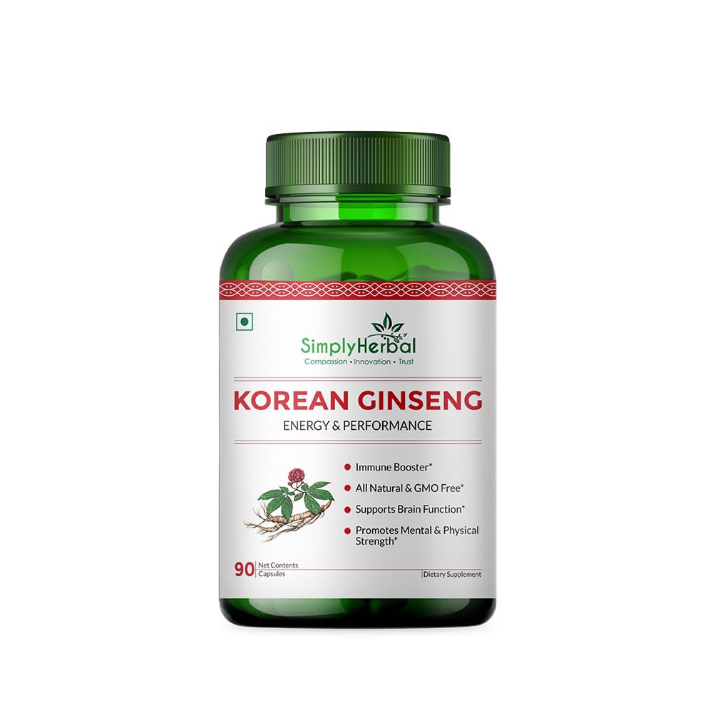 Simply Herbal Korean Red Ginseng 1000mg Extract – 90 Veg Capsules | Energy, Vitality & Stamina Support | Herbal Adaptogen Supplement for Men & Women