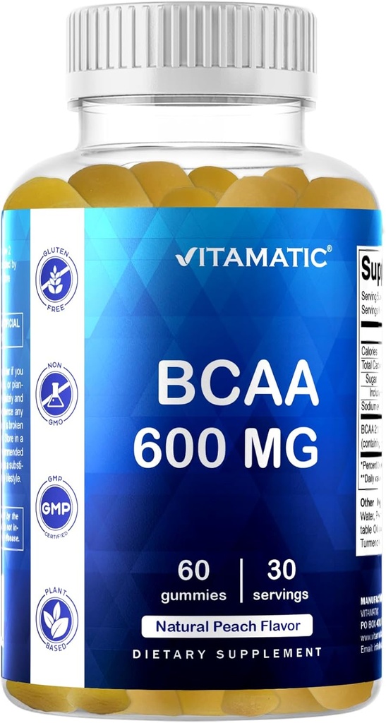 Vitamatic BCAA Gummies - Branch Chain Amino Acid Supplements - Peach Flavor - 600mg zerbitzatu bakoitzeko - 60 Vegan Pectin Oinarritutako Gummies (1 botila)