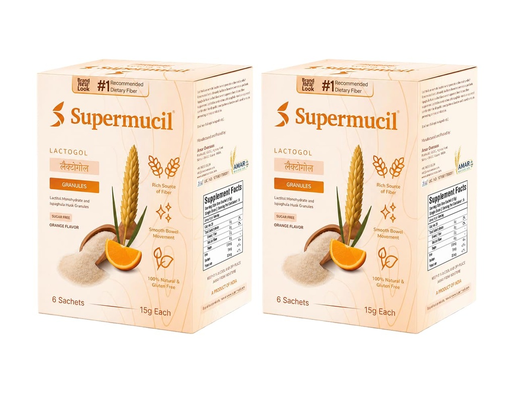 LactoGol: Lactitol Monohydrate with Isabgol (Ispaghula) : Orange Flavor: Sugar Free: 1 box of 6 Sachets (15g each): Pack of 2 (Total boxes=2, Total Sachets=12, Total Net Weight: 180g)