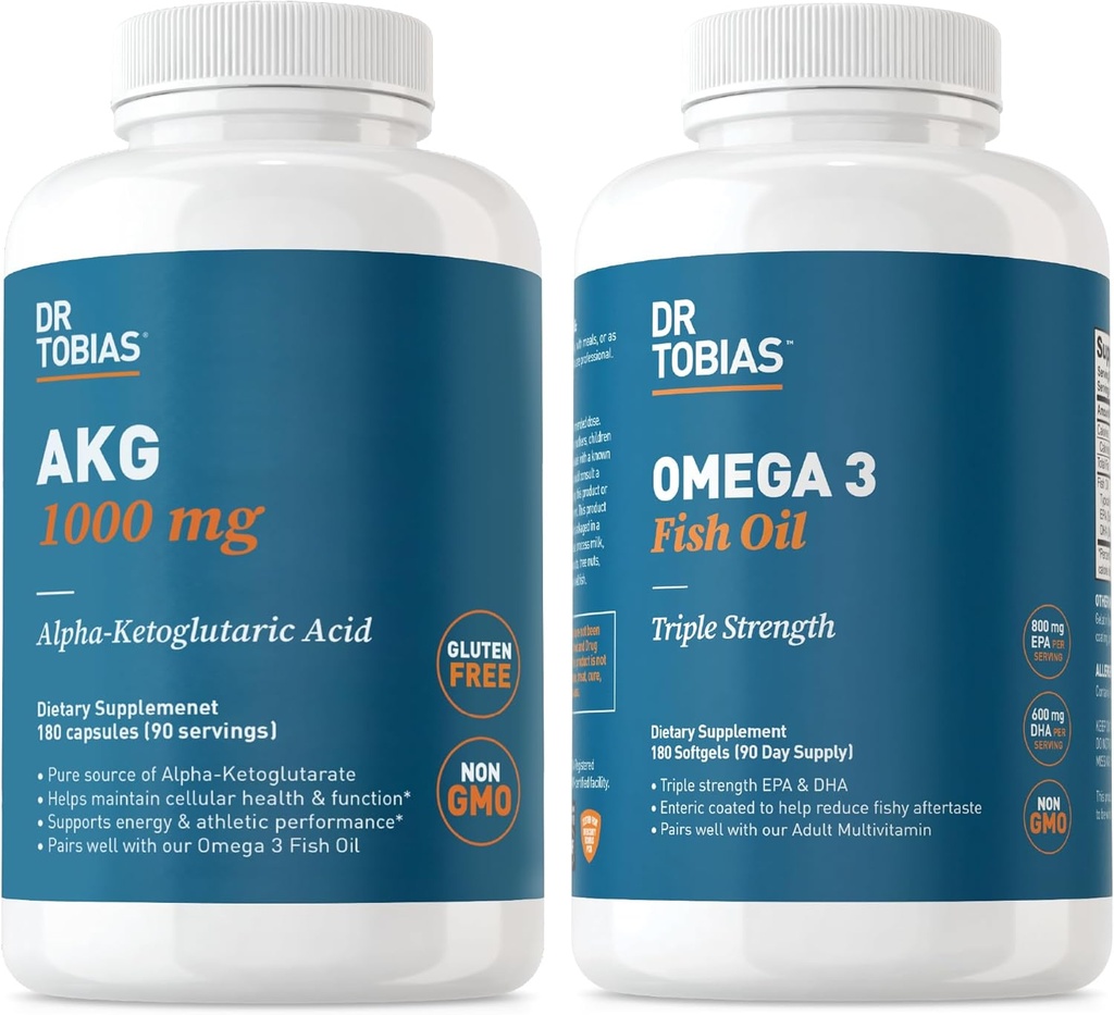 Dr Tobias AKG Supplement & Omega 3 Fish Oil, Support Cellular Energy & Overall Health med AKG och Triple-Strength Omega 3 EPA & DHA, Non-GMO