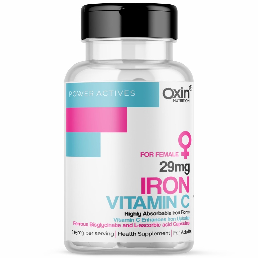 Oxin Nutrition Chelated Iron Bisglycinate 29 mg with Vitamin C 65 mg (60 Capsules)
