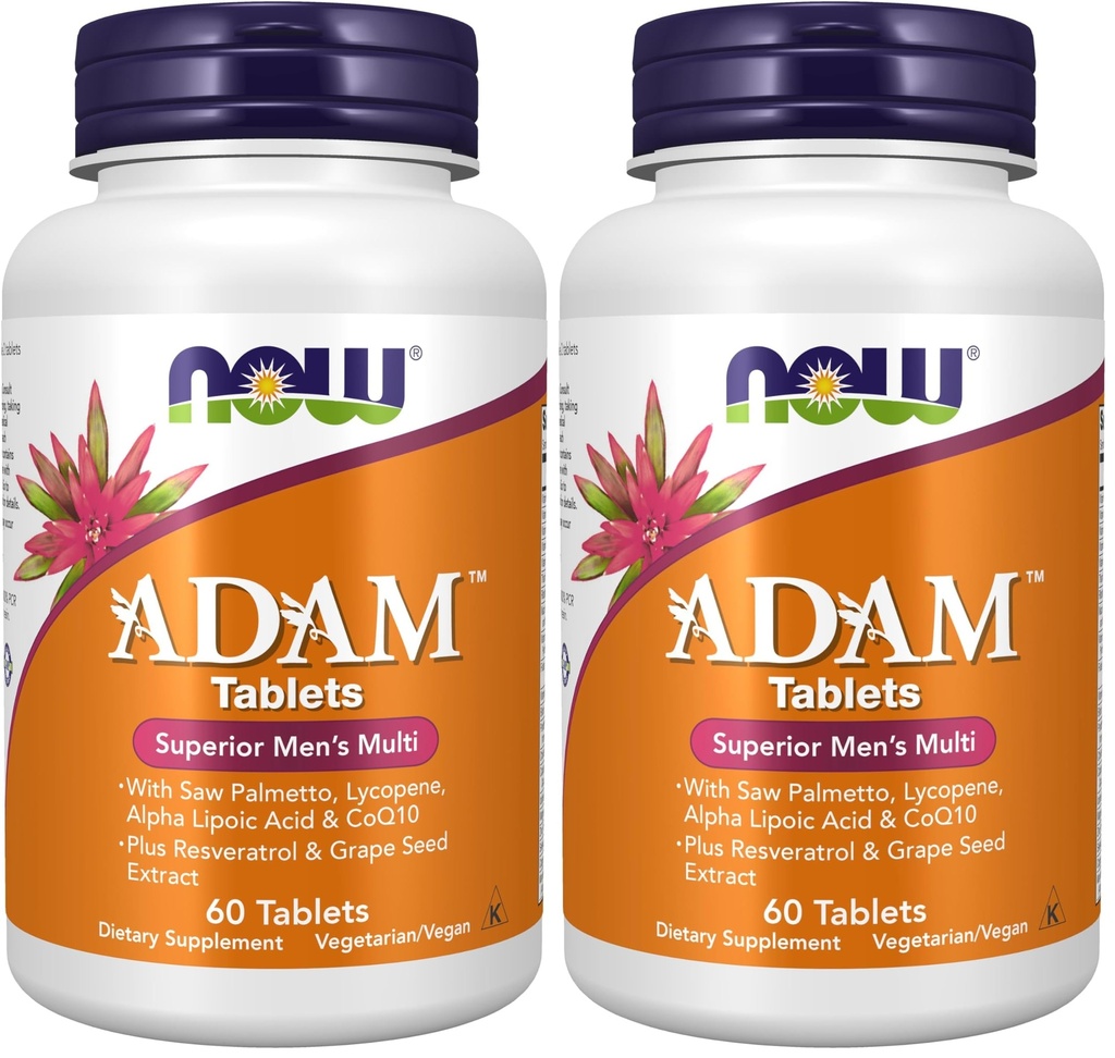 NOW Supplements, ADAM™ Men's Multivitamin with Saw Palmetto, Lycopene, Alpha Lipoic Acid and CoQ10, Plus Natural Resveratrol & Grape Seed Extract, 60 Tablets (Pack of 2)