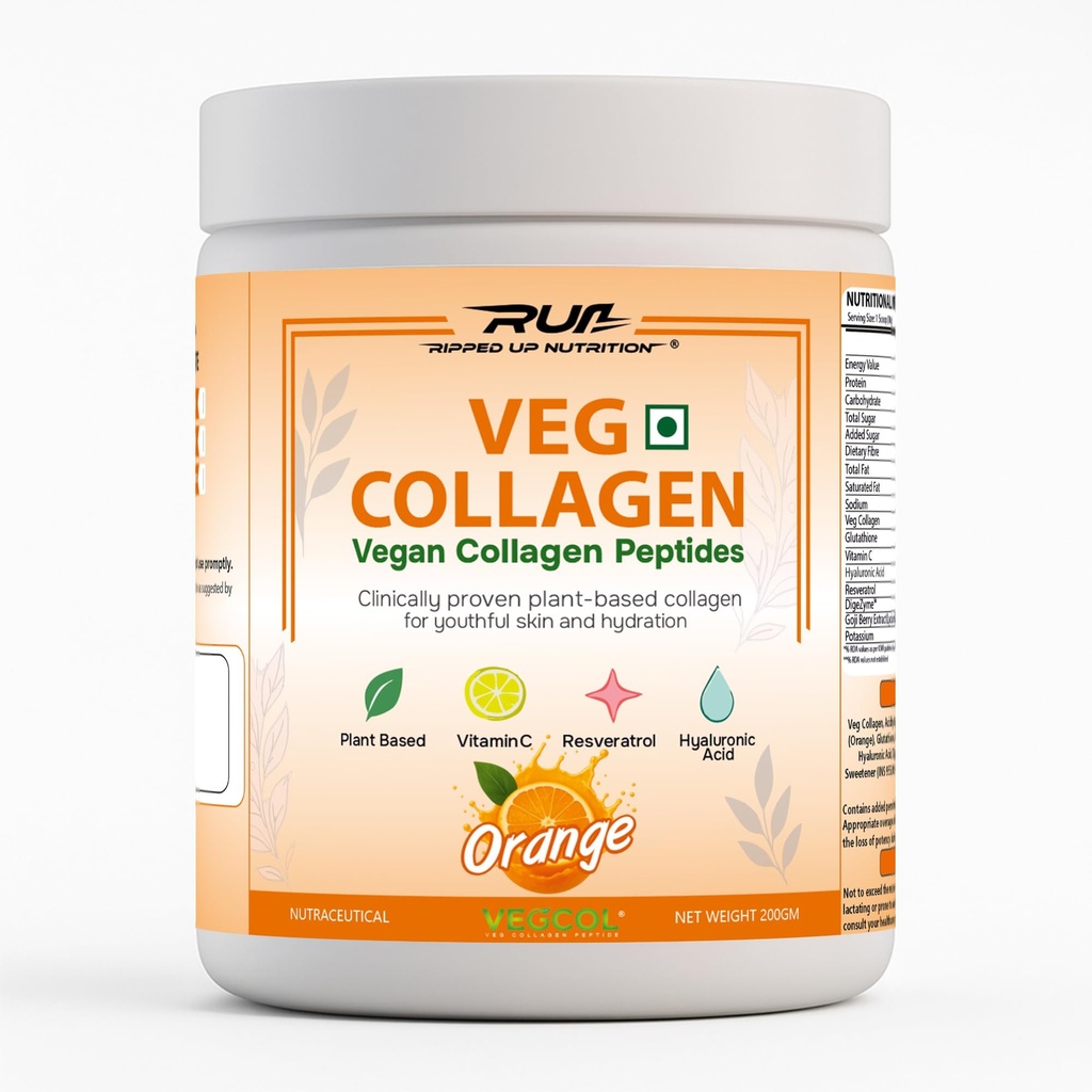 Ripped Up Nutrition Veg Collagen - Plant Based powder Supplement 200Gm for men & women | Supports anti-aging and Brightning skin | Supports Joint health,skin,hair,bones & muscle mass (200gm, Orange)