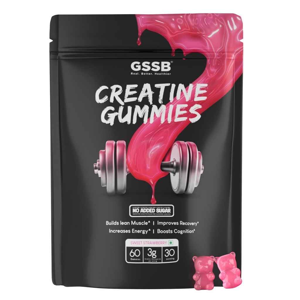 Creatine Gummies | 60 Gummies | 3g Creatine Monohydrate per Serving | Sugar-Free, 100% Vegan | Boost Muscle Strength, Growth & Performance | Sweet Strawberry Flavour | 280g