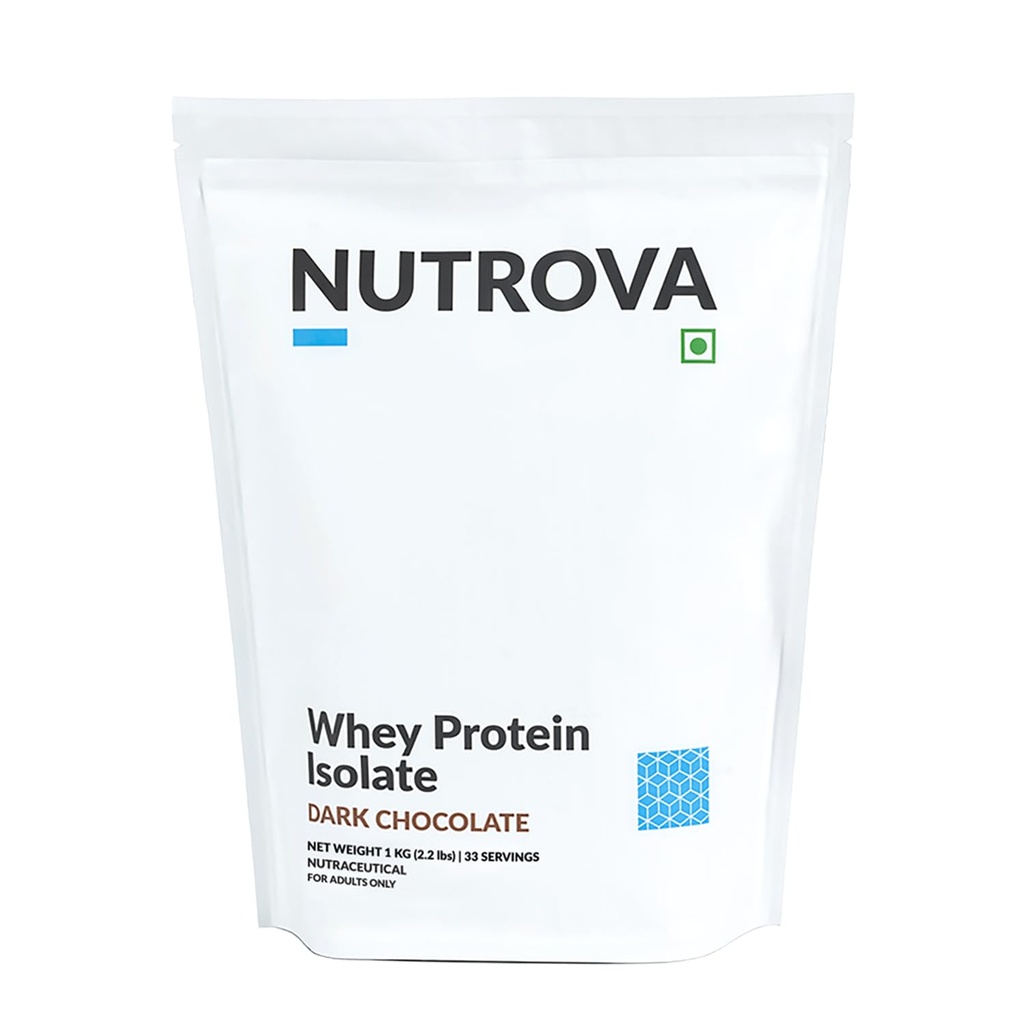 Nutrova Whey Protein Isolate Dark Chocolate 1Kg (Pack of 1) with 24g Protein Every 30g Scoop & 5.5g BCAAs |Protein Powder for Men & Women with no Artificial Sweeteners or Added Sugars |Easy to Digest.