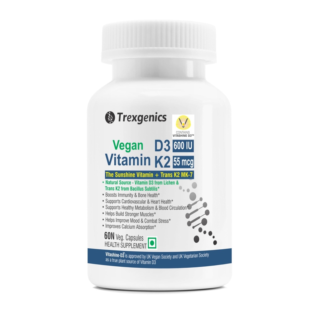 Trexgenics VITAMIN D3 + K2 SYNERGY, 600 IU from Vitashin D3 Lichen + TRANS K2 as MK7 55 mcg Bone, Cardiovascular, Immunity (60 Veg Capsules)
