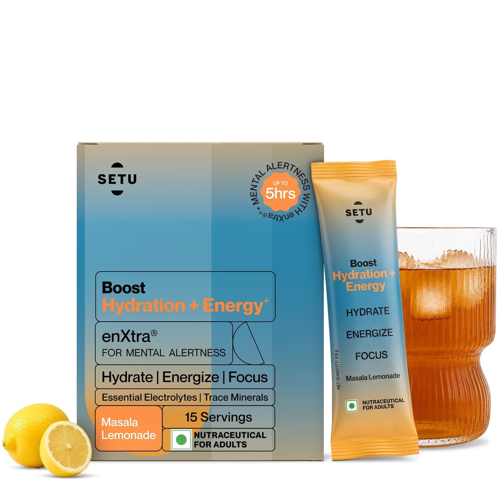 Setu Boost Hydration + Energy Electrolyte Powder Sachets with No Caffeine | Enriched with enXtra® | Masala Lemonade Flavor | 15 Sachets