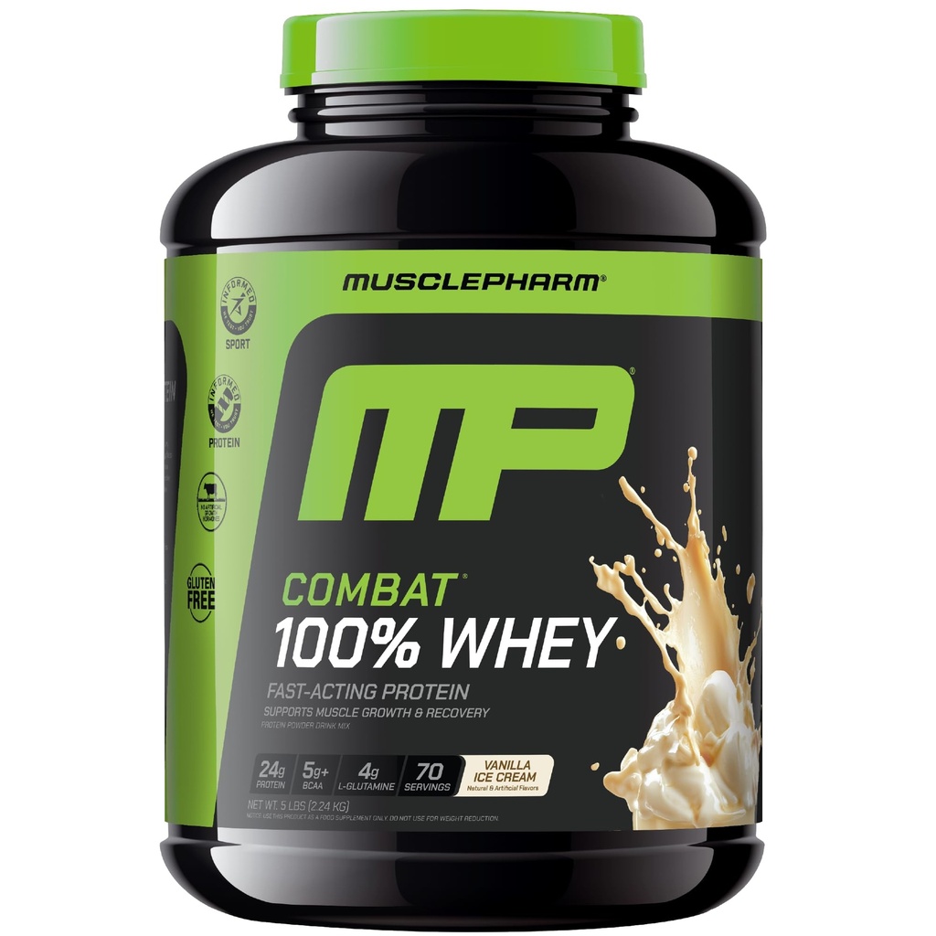 MusclePharm Combat 100% Whey Protein Powder, Vanilla Flavor, Fast Recovery & Muscle Gain with Whey Protein Isolate, High Protein Powder for Women & Men, Gluten Free, 5 lb, 70 Servings