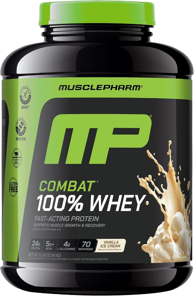 MusclePharm Combat 100% Whey Protein Powder, Vanilla Flavor, Fast Recovery & Muskel Gain mit Whey Protein Isolate, High Protein Pulver für Frauen & Männer, Glutenfrei, 5 lb, 70 Servierungen