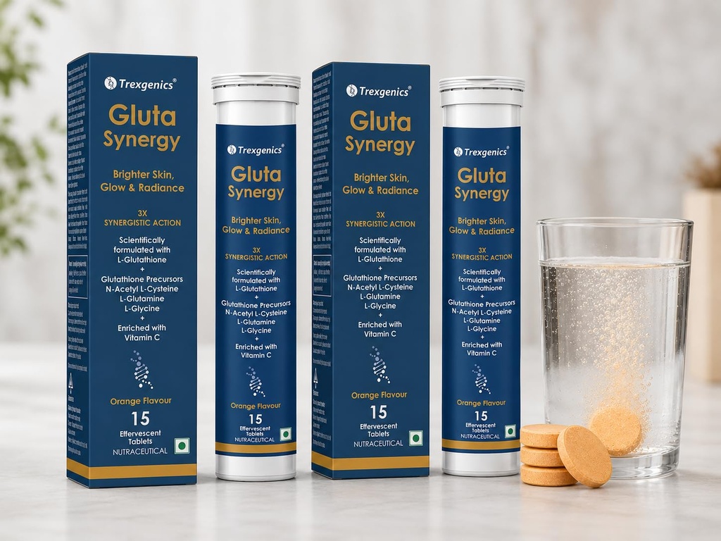 Trexgenics GLUTA SYNERGY L-Glutathione 500 mg + Glutathione Precursors 750 mg as N-Acetyl Cysteine, Glycine & Glutamine + Vitamin C Skin Glow, Radiance (2 Pack x 15 =30 Effervescent Tablets , Orange flavour