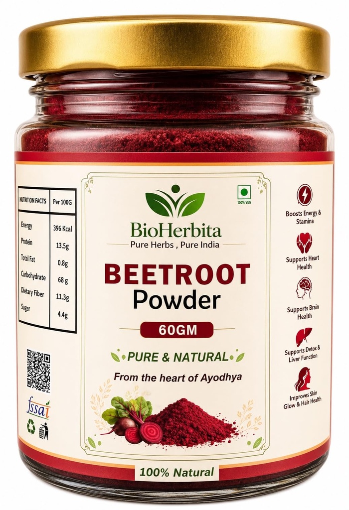 Pure Beetroot Powder 60g | Natural Superfood for Pre Workout Energy Heart Health & Skin Glow | Non GMO & Pesticide Free | Natural Beet Root Powder | Trial Pack