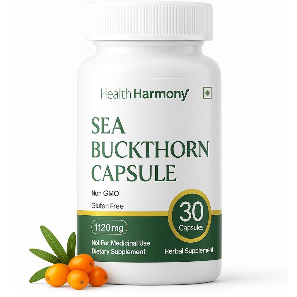 Health Harmony Sea Buckthorn Capsules | Omega 3, 6, 7, 9 + Vitamin E | For Skin, Heart, Immunity & Joint Health | 1120mg | 30 Vegetarian Capsules