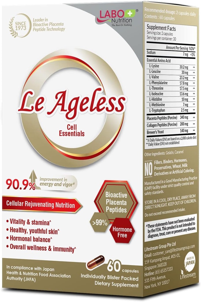 LABO Nutrition Le Ageless – Placenta Cell Rejuvenating Therapy from Japan – Enhanced with Collagen Peptide and Brewer’s Yeast to Supports Immune Health, Skin Regeneration, Anti-Aging – 60 cápsulas
