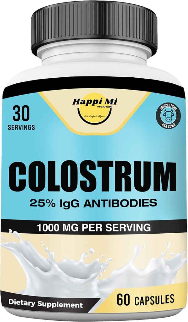 Colostrum Capsules 1000mg Пер Сервінг - US Sourced, 25% Імуноглобулін для підтримки імунітету та здоров'я кишечника, 60 капсули, 30 Сервінги
