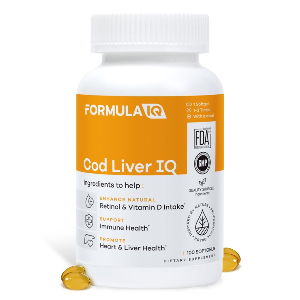 Formula IQ - Cod Liver IQ - Cod Liver Oil Softgels - Natural Source of Vitamins A & D and Omega-3 Fatty Acids - Heart, Liver & Immune Health - 100 Softgels