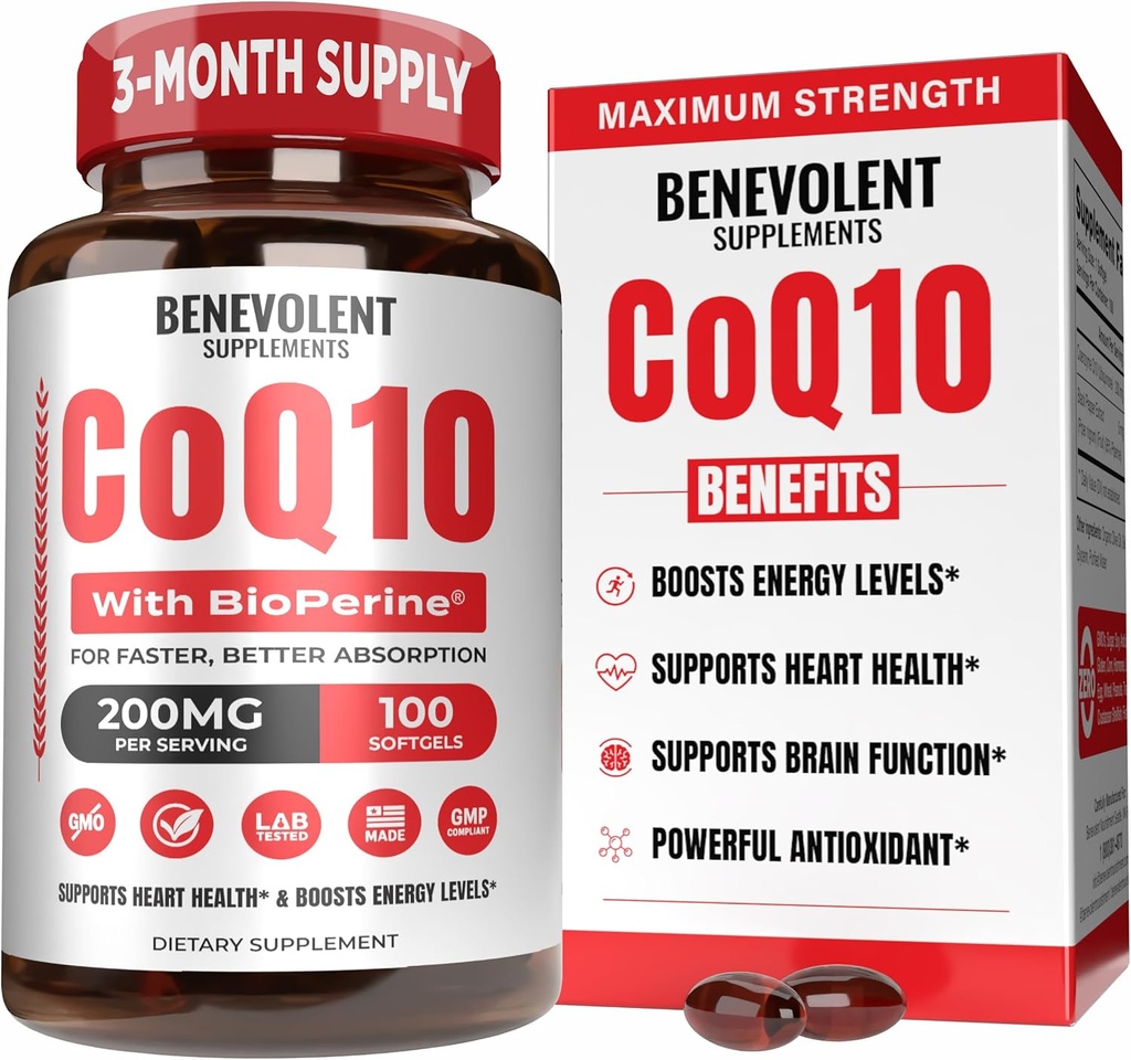 Benevolent Pure CoQ10 200mg Softgels avec BioPerine® pour l'absorption maximale, Ubiquinone Coenzyme Q10 Supplément pour la santé cardiaque, la production d'énergie, le vieillissement en santé et le soutien antioxydant, 100 Softgels