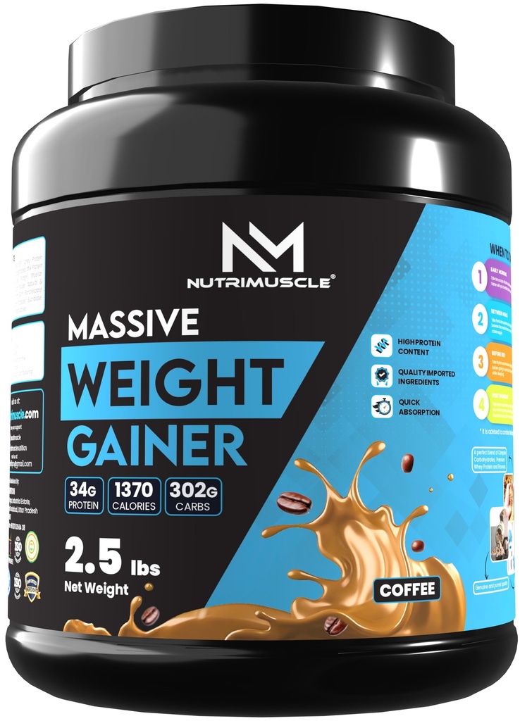 Nutrimuscle Massive Weight Gainer – 2.5 lbs (1.134 Kg) | Coffee Flavour | Mass & Muscle Gainer with Complex Carbs & Protein Blend | For Men & Women