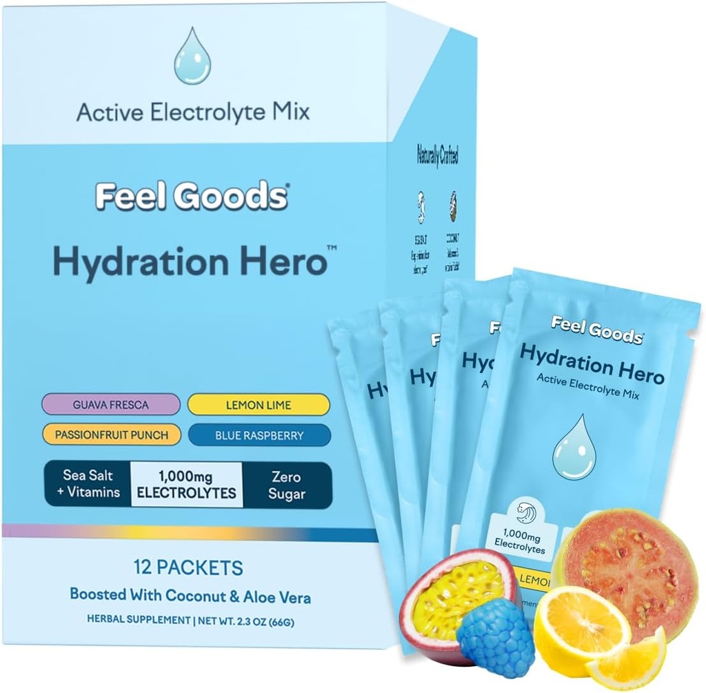 Почуття товарів Hydration Hero, Variety Pack, 1,000mg Electrolytes Powder, Sugar Free, Magnesium, Organic Aloe Vera, L Theanine, Вітамін С, Vegan, Non GMO, На Go Electrolyte Packets, 12 Count