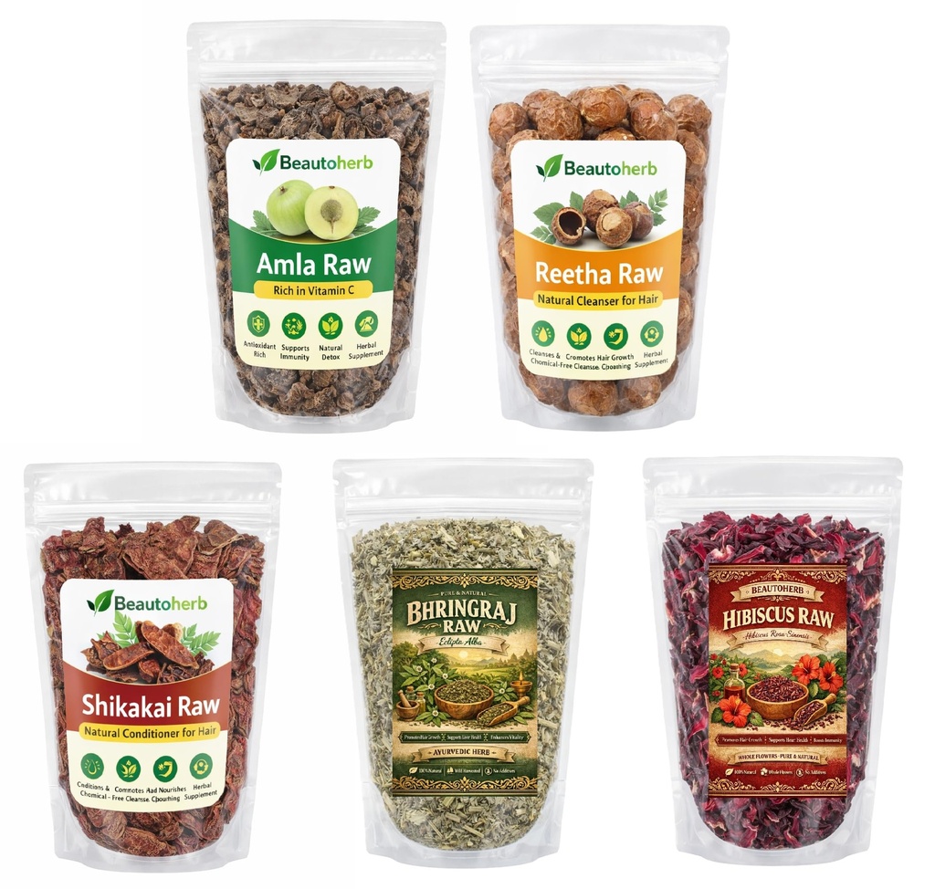 Natural (Raw_Reetha_Amla_Shikakai_Bhringraj_Hibiscus_500g) Amla, Reetha, Shikakai, Bhringraj & Hibiscus Raw Herbs 500gm 100% Natural & Sun-Dried For Hair