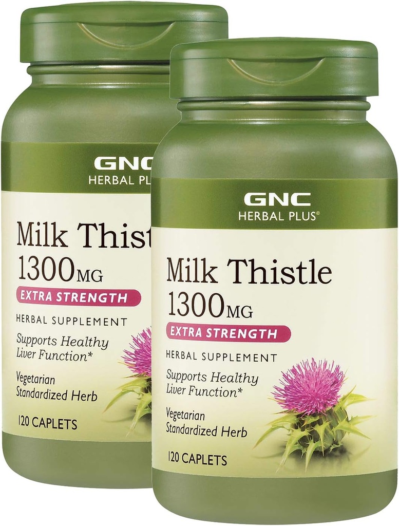 GNC Herbal Plus Milk Thistle 1300mg, Twin Pack, 120 Caplets pe sticla, Suportă funcţie hepatică sănătoasă