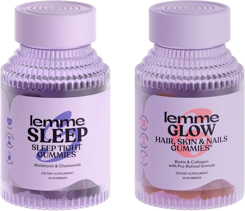 Lemme Miegas & Glow Bundle - Miegas Gummies, a Drug-Free Nighttime Aid & Glow Biotin & Collagen Plaukų gumiukai stiprūs, Storas Plaukų & Sumažintas Shedding - Gluten / Želatina Free, Non- GMO - 60 Ct. Kiekvienas