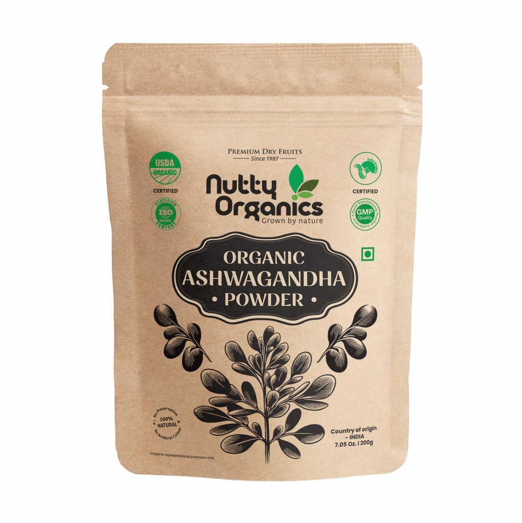 NUTTY ORGANICS Ashwagandha Powder – USDA Organic Certified – Pure Adaptogenic Root for Stress Relief, Energy & Focus – 200 gram – Non-GMO, Vegan