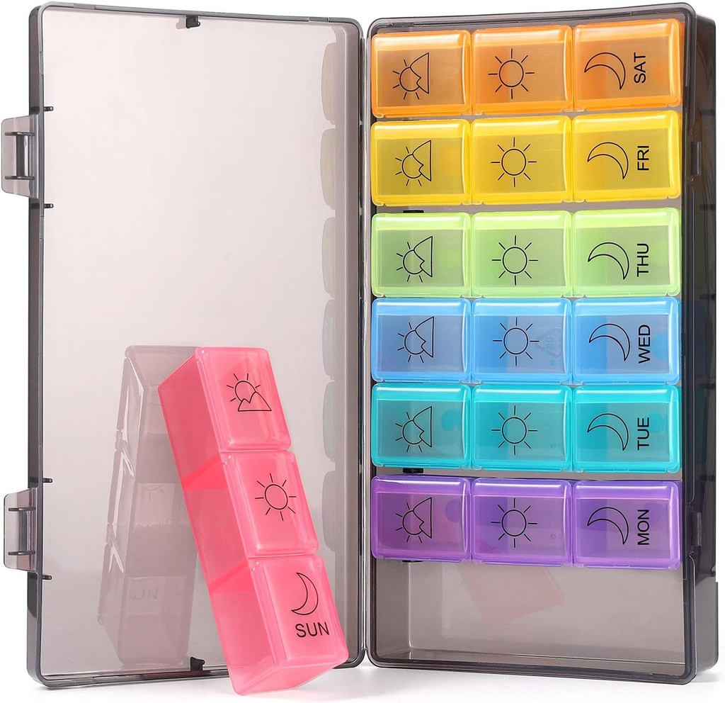 Weekly pil Organizer 7 Dag 3 Times, Portable pil Organizer, BPA Gratis pil geval, Travel Daily pil Box Herinnering, Medication Organizer voor Vitaminen, Supplementen (Rainbow)