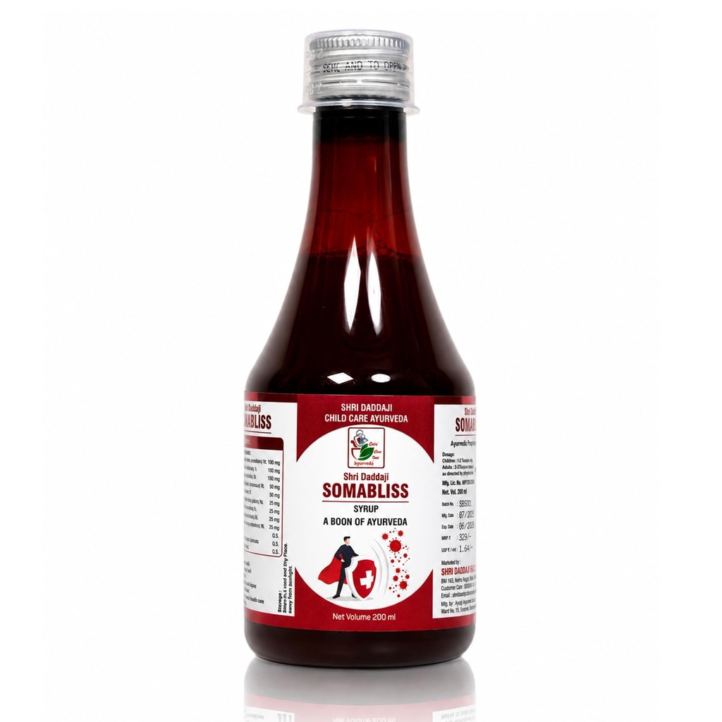 Shri Daddaji Somabliss Syrup – Ayurvedic Immunity Booster for Kids & Adults | Improves Gut Health, Fights Infections, Enhances Vitality & Natural Antioxidant | 200ml Herbal Tonic