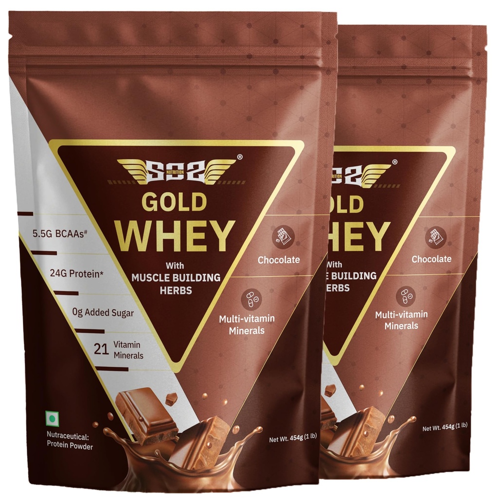 SOS Nutrition Gold Whey Protein Powder (Chocolate 454g) (Pack of 2) For Men Women 24g Whey Protein in 2 Scoop, 5.5g BCAAs, 30 Serving, Ashwagandha, Musli, Faster Muscle Recovery