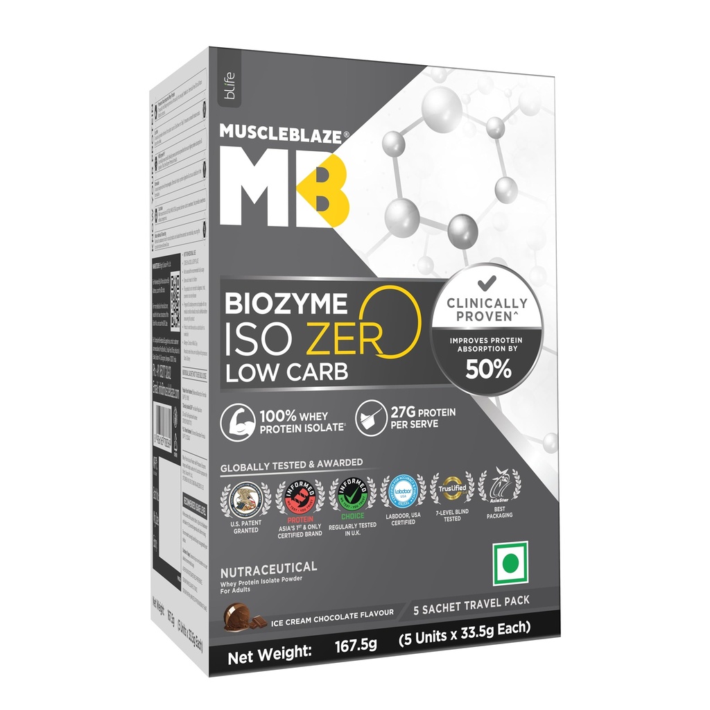 MuscleBlaze Biozyme Iso-Zero Whey Protein Isolate Powder, 5 Sachets