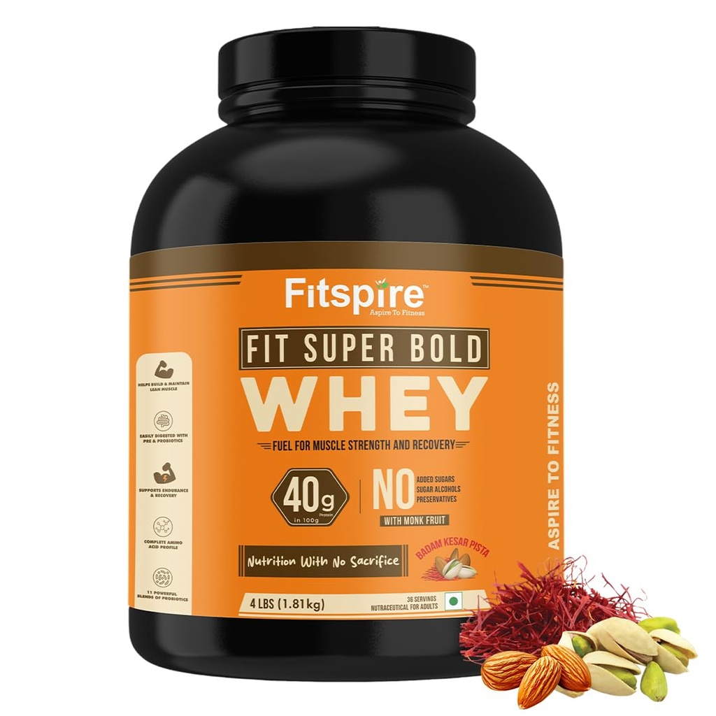 Fitspire EVIKA Fit Super Bold Whey Protein Powder - Badam Kesar Pista - Muscle Growth and Recovery with Probiotics Enzymes and Vitamins High Protein Blend - No Added Sugar - Gut Friendly Support - 4 lbs 20g Protein Per Serving