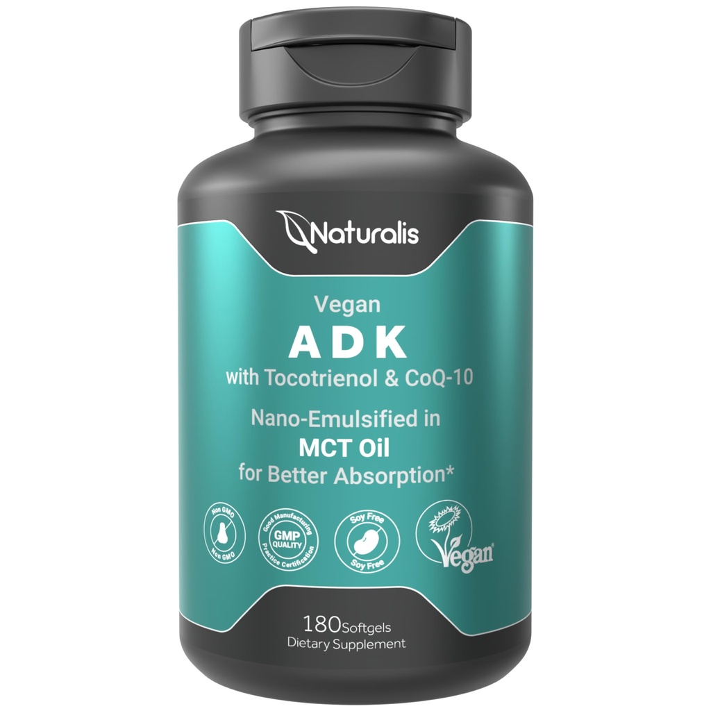 Naturalis Vegan Vitamin ADK with 50mg Tocotrienol and CoQ-10 | Nano-Emulsified in EVOO for Better Absoprtion | Non-GMO, Soy Free and Vegan Society Certified | 180 Veggie Softgels (Carrageenan Free)